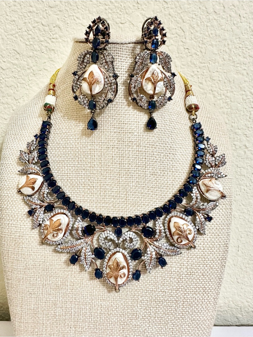 Victorian Style Necklace Set ft. Baroque-Style Pearls, Blue Gemstones & CZs